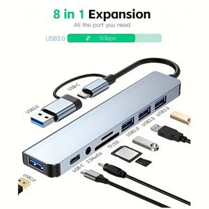 TEMU 8 In 1 USB 허브, 4개의 USB 포트, 1개의 USB-C 포트, TF/SD 카드 리더기, 오디오 출력, 태블릿/노트북/휴대전화와 호환|USB|USB