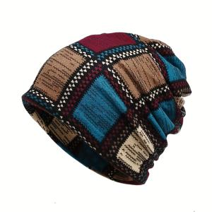 TEMU 빈티지 프린트 Slouchy Beanie 클래식 컬러 블록 탄성 해골 모자 Boho Neck Gaiter 여성용 방풍 비니 남성용 가을/겨울