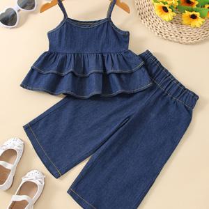 TEMU 2pcs 소녀 데님 Ruffled Hem Cami 탑 & 탄성 허리 와이드 레그 청바지 세트 Kids Summer Clothes