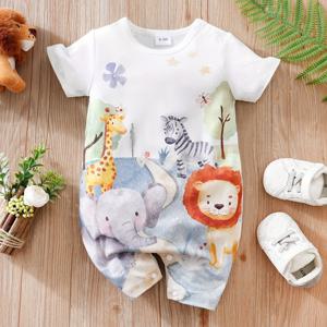 TEMU Baby Boys 여름 롬퍼, 귀여운 만화 동물 프린트, 캐주얼 반소매 Onesie, 통기성 직물, 스냅 클로저, 유아 의류