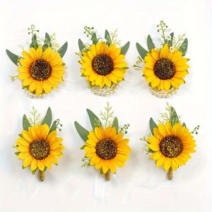 TEMU 6Pcs 해바라기 Boutonnieres, 패브릭 코사지, 결혼식, 신부 파티, 댄스 파티, 크리스마스, 데이, 커플, 기념일 축하를위한 손으로 만들어진 인공 손목 꽃