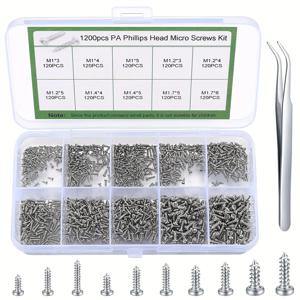 TEMU 1200개의 미니 자체 탭 나사 세트, 마이크로 필립스 헤드 금속 나사 모음 키트, 클래스 4.8 - 안경, 시계, 휴대폰, 카메라, 랩톱 - M1/M1.2/M1.4/M1.7 팬 헤드 소형 마이크로 나사
