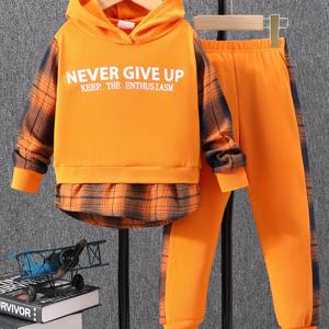 TEMU 2pcs 'Never Give Up' 격자 무늬 디테일 그래픽 후드 풀오버 까마귀 및 조깅 바지 소녀용, 캐주얼 아동복, 봄 가을용