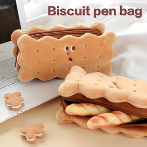 TEMU Plush Biscuit-Shaped Pencil Case, Large Capacity Cookie Pen Bag with Zipper Closure - Set of 1/2/3 Pieces