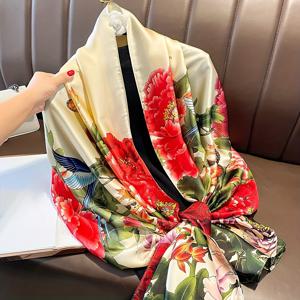 TEMU Peony Bird Butterfly Print Scarf 우아한 새틴 셔울 클래식 모방 실크 헤드 랩 선크림 여행 해변 수건 여름 야외용