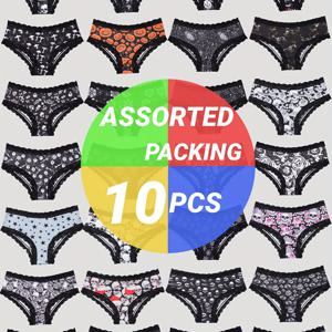 TEMU 10pcs 무작위로 배송되는 팬티, 고딕 섹시한 레이스 트림 친밀한 팬티 선물, 여성용 란제리 & 속옷