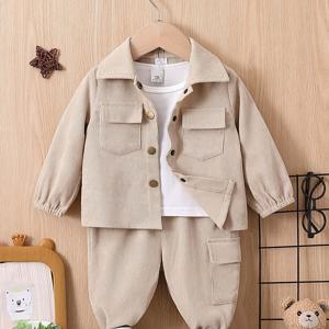 TEMU Baby Boys 봄/가을 복장, Baby Stylish Cargo Pants 턴다운 칼라 코트 포켓 세트