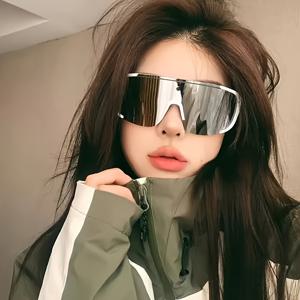 TEMU 남녀공용 오버사이즈 스포츠 안경, 미러 PC 렌즈, 사이클링, 하이킹, 트레킹을 위한 방풍 블랙 폴리카보네이트 프레임 - 자외선 차단 야외 안경