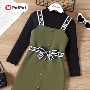 TEMU PatPat 2pcs 키즈 소녀 트렌드 모의/라운드 넥 양상추 트림 긴 소매 블랙 티 및 편지 인쇄 녹색 전체 드레스 세트 봄 & 가을/가을