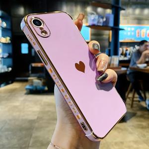 TEMU IPhone Xr 용 일반 컬러 전화 케이스 귀여운 블링 하트 디자인 도금 범퍼 충격 방지 슬림 피트 소프트 TPU 실리콘 보호 커버