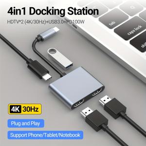 TEMU USB-C 허브 4-in-1 Type-C 도킹 스테이션, 100W 전원 공급, 4K 30Hz HDTV 포트*2, 5Gbps USB-A 포트(데이터 전송) 멀티포트 스플리터 MacBook Pro, IMac, iPad Pro, iPhone 15/15 Pro, Galaxy S24/23/22 등에 사용 가능