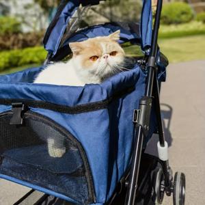 TEMU Small animals can enjoy a comfortable ride in a foldable stroller with a metal frame and polyester cover, featuring easy access and a meal tray for outdoor trips.|강아지유모차