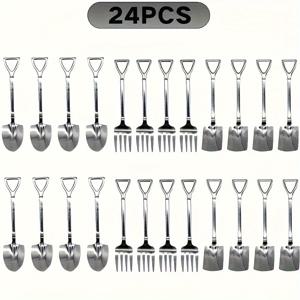 TEMU 클래식 24피스 미니 디저트 스패출러 및 포크 세트 - 스테인리스 스틸 케이크 서버, 에스프레소 스푼, 저어, 홈 파티, 레스토랑, 카페 사용 - 나무 없음, 비전기 샤이니 실버 식기 세트