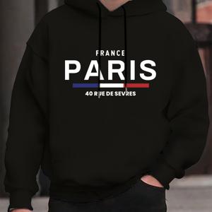 TEMU PARIS Print 남성용 풀오버 라운드넥 후드티 드로우스트링, 긴팔 후드 스웨트셔츠, 가을 겨울용 루즈 캐주얼 상의, 남성 의류 휴일 선물로