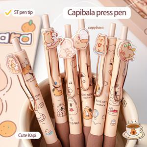 TEMU Capybara Themed Retractable Gel Ink Rollerball Pens, Plastic Medium Point 0.5mm, Set of 6 - Cute Animal Design Press Pens for Students and Office Use