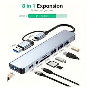 TEMU USB 허브 USB C 허브 U 디스크 8-in-1 USB 익스텐더 4개의 USB 포트 1개의 USB C 포트 TF/SD 카드 리더 오디오 출력 호환 북/패드 프로/델/HP 노트북/모바일 폰과 호환 가능