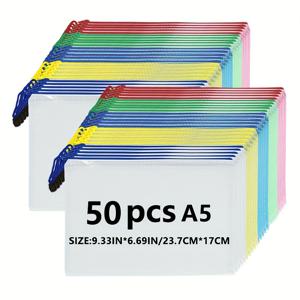 TEMU 50pcs, A5 지퍼 파일 가방, 플라스틱 망 파일 가방, 컬러 파일 가방, 문서, 사진, 가정용 사무용품, 학생용, 다양한 색상 보관 가능