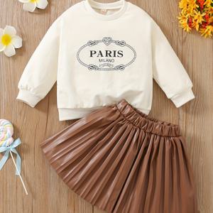 TEMU 2pcs 여아용 PARIS 프린트 의상, 스웨트셔츠 & PU 플리츠 스커트 세트, 봄 가을 아이 옷