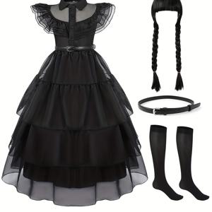 TEMU 키드 걸스 재미있는 의상 파티 드레스 TV Cos Play Prom Dress Black Tulle Tutu Dress With Belt 학교 파티 공연 쇼 할로윈 파티 복장|코스프레