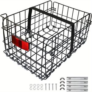 TEMU 반사 테일 라이트가 있는 퀵 릴리스 접이식 자전거 바구니 - 대부분의 자전거에 적합한 내구성 있는 금속 카고 랙, 스트랩 포함.