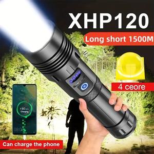 TEMU 고출력 LED 휴대용 손전등, XHP70, 타입-C USB 충전식, 망원 줌, 고반사율 전술 손전등, 빨간색 경고등 포함, 6가지 모드, 1200mAh 18650 리튬 배터리, 방수 처리, 전원 표시로 빠른 충전, 가정, 비상 및 자동차 수리용 다기능