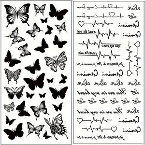 TEMU 세련된 나비 패턴 문신 스티커 하트 비트 문자 패턴 문신 스티커 방수 및 지속 2-5 일 남성과 여성에게 적합 손가락 손목 귀 뒤 몸 작은 공간 문신 스티커