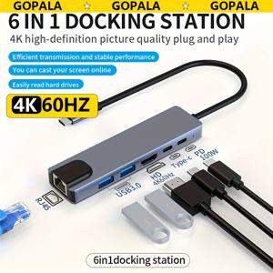 TEMU 고팔라 USB C 허브 6-in-1 USB C 동글 4K60Hz HDTV, RJ45 이더넷 100M, 100W 전원 공급, 2개의 USB 2.0 포트, Type C 2.0 어댑터 맥북 프로, 맥북 에어, 아이패드, 아이폰 15 프로/프로 맥스와 호환. 그레이