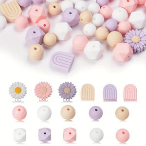 TEMU 76pcs 12/15/14mm 라운드 헥사곤 실리콘 비즈 레인보우 아치 데이지 멀티 쉐이프 컬러풀 비즈 주얼리 만들기 DIY 목걸이 팔찌 키백 체인 수제 공예 용품