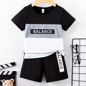 TEMU 2pcs 소년용 캐주얼 BALANCE 글자 그래픽 프린트 반팔 컬러블록 티셔츠 & 반바지 세트, 편안한 여름 어린이 옷