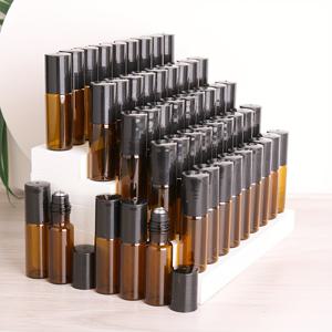 TEMU 50개의 호박색 유리 롤러 병, 5ml/10ml 미니 리필 가능한 향수 샘플 병, 휴대용 여행용 사이즈, 에센셜 오일, 아로마테라피, 롤러 볼 및 검은색 캡과 함께