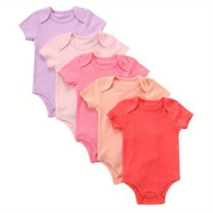 TEMU 5팩 Baby Girls Onesies, 짧은 소매 바디슈트, 신생아 및 유아용 100% 코튼 캔디 컬러 롬퍼