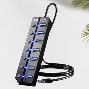 TEMU USB 3.0 허브, 독립적인 켜기/끄기 스위치 및 LED 표시기를 갖춘 7포트 분배기, 3.2피트/1m 케이블, MacBook, 노트북, Surface Pro, PS4, PC, 플래시 드라이브, 외장 하드 드라이브와 호환 가능