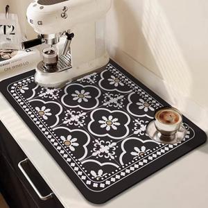 TEMU Vintage Floral Rubber Coffee Mat Set of 1 - Diatom Mud Highly Absorbent & Stain Resistant, Fashionable Design for Protection of Dinnerware - Ideal for Coffee Machines, Kettles, and Espresso Makers