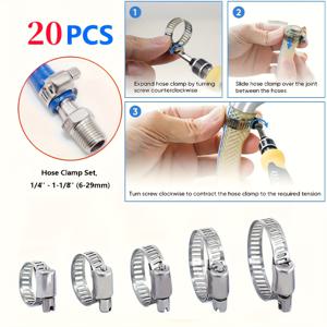 TEMU 20개 304 스테인레스 스틸 호스 클램프 세트, 웜기어 조절 범위 1/4