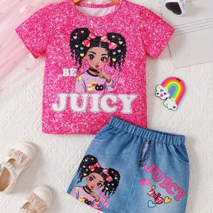 TEMU 2pcs, BE JUICY 프린트 만화 캐릭터 그래픽 반팔 크루넥 티셔츠 + 이면 데님 스커트 여아용, 캐주얼 트렌디 휴일 세트 여름 선물, 여아 의류