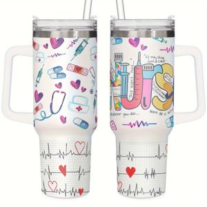 TEMU 청진기 디자인의 1pc 40oz 절연 스테인레스 스틸 텀블러, 뚜껑과 밀짚이있는 커피 여행 머그잔, 간호사 테마 Drinkware, 야외 캠핑에 적합|스타벅스텀블러