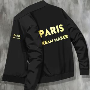 TEMU PARIS DREAM MAKER 레터 프린트 남성용 지퍼 업 긴 소매 자켓 (포켓 포함), 가을, 야외 스포츠를위한 캐주얼하고 편안한 다목적 탑