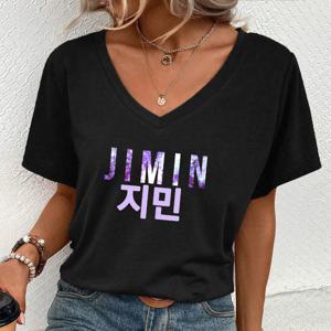 TEMU 여성용 짧은 소매 V넥 캐주얼 상의, 여름과 봄을 위한 한국어 프린트 티셔츠