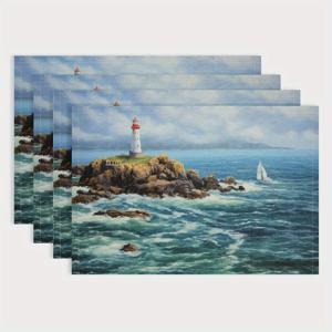 TEMU Linen Lighthouse Placemats Set of 4 - Ocean Sailboat Scene, Non-Electric, Reusable Table Mats, Durable Washable Dining Decor