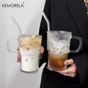 TEMU KEMORELA 14oz 수직 줄무늬 유리 텀블러 손잡이 포함 - 아이스 커피, 주스, 우유 및 차가운 음료에 다용도 - 재사용 가능 & 식기세척기 안전 - 학교 시즌 및 크리스마스 선물에 완벽