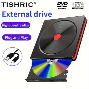 TEMU 티쉬릭 외장 DVD 드라이브, USB 3.0 & Type-C CD RW 라이터, 노트북용 휴대용 CD/DVD 리더, 고속 데이터 전송 기능이 있는 플러그 앤 플레이 광학 디스크 드라이브, 슬림하고 컴팩트한 디자인|CD플레이어