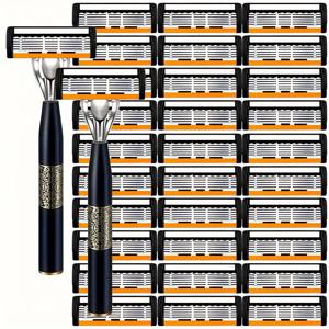 TEMU 남성용 수동 안전 면도기 세트, 미끄럼 방지 스테인리스 스틸 손잡이, 교체 가능한 내구성 블레이드, 쉽게 교체 가능한 헤드, 부드럽고 안전한 면도, 일상 사용을 위한 편안한 그립, 턱수염 및 콧수염 트리머, 개인 관리