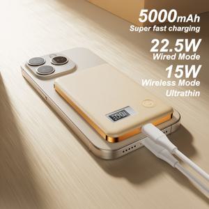 TEMU 5000mAh 초박형 자석 고속 충전 파워 뱅크 - 22.5W 유선 및 15W 자석 충전, 스마트 디지털 디스플레이용 휴대용 모바일 파워, 저온 안전, 아이폰 12 이상용 인조 가죽 패턴|보조배터리|보조배터리20000