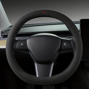 TEMU Tesla Model3/Y 용 맞춤형 자동차 핸들 커버, 로고가있는 스웨이드 핸들 커버, 미끄럼 방지 디자인, 인테리어 수정 자동차 액세서리