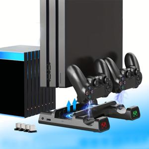 TEMU 스탠드 쿨링 팬 4, PS4 슬림 / 프로 수직 스탠드 듀얼 컨트롤러 포트 충전기 독 USB 포트 빠른 충전 및 10 게임 슬롯