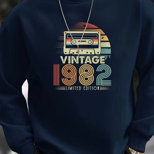 TEMU ''VINTAGE 1982'' 프린트 남성용 그래픽 라운드 넥 스웨트셔츠, 루즈한 트렌디 풀오버, 가을 겨울용 남성 의류