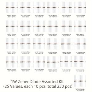 TEMU 250pcs 25 값 1W 제너 다이오드 모듬 키트 (3V 3.3V 3.6V 3.9V 4.3V 4.7V 5.1V 5.6V 6.2V 6.8V 7.5V 8.2V 9.1V 10V 12V 13V 15V 16V 18V 20V 22V 24V 2 7V 30V 33V ) 구색 세트