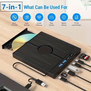 TEMU [7 In 1] 외장형 CD DVD 드라이브, USB 3.0 Type-C 광학 외장형 CD/DVD 드라이브 버너, SD/TF 카드 리더기, USB 3.0 2개 및 Type C 포트 2개, 노트북용 DVD/CD-ROM 광학 디스크 드라이브 플레이어 라이터 맥, PC 윈도우 11/10/8/7, 리눅스, 맥OS|CD플레이어