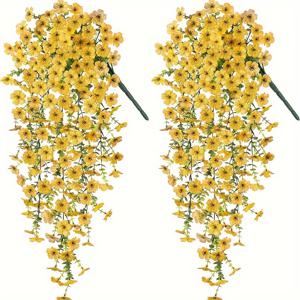 TEMU 인공 매달린 꽃 야외 장식: 2개의 자외선 차단 플라스틱 데이지 꽃, 봄과 여름에 적합, 현관, 파티오, 창문, 마당에 완벽