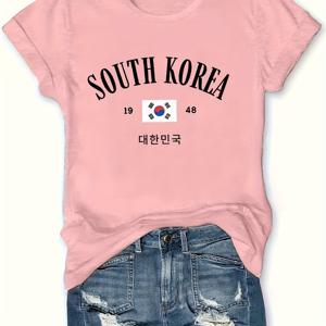 TEMU 여성 캐주얼 티셔츠 - 한국 프린트, 폴리에스터, 반팔, 레귤러 핏, 라운드넥, 올 시즌, 여성용 패션 상의|태극기